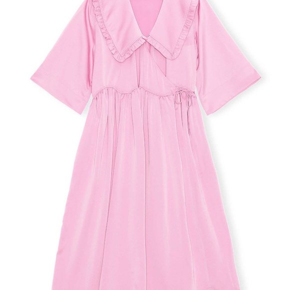 Ganni Dresses & Skirts - Ganni NWT Smocked Satin Ruffle Collar Wavy Waist Oversize Wrap Dress EU L/XL